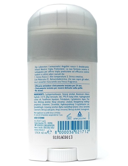 Infasil Deodorante Stick - 40ml - Neutro Tripla Protezione No-stop 24h 2c